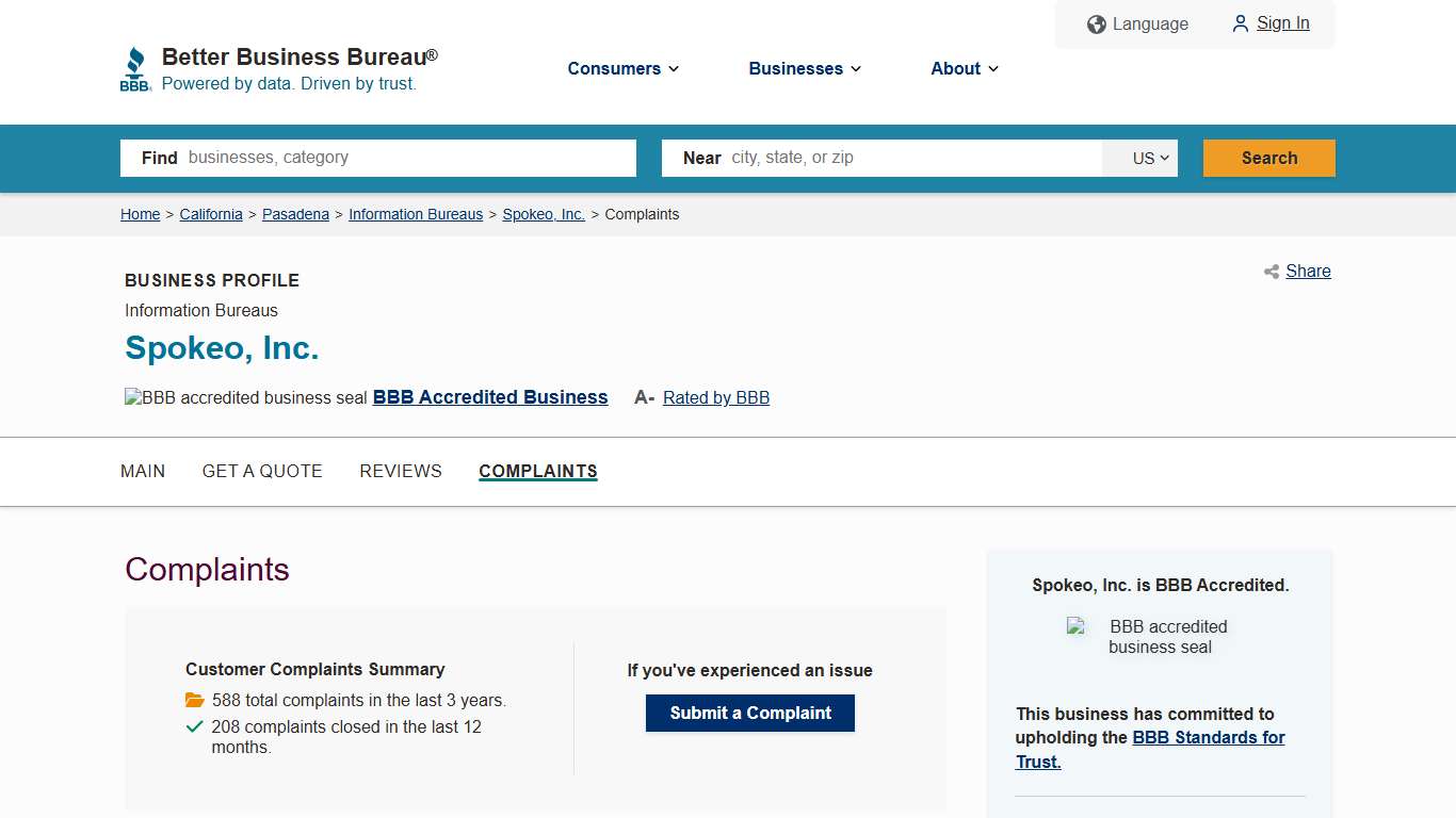 Spokeo, Inc. BBB Complaints Better Business Bureau