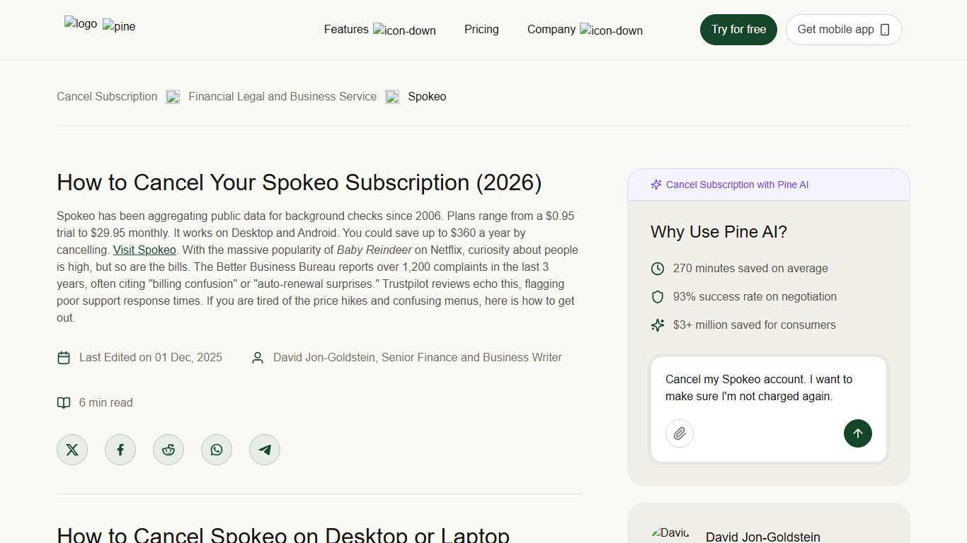 How to Cancel Your Spokeo Subscription (2026) Pine AI